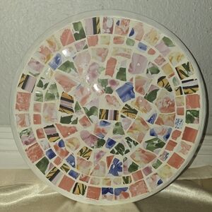 Handmade Mosaic Ceramic Wall Plate - Pastel Floral Tile Art - Hanging Decor